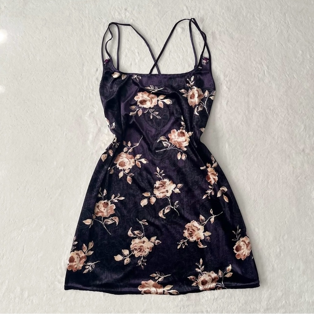 Vintage Floral Whimsigoth Velvet Slip Dress Rosettes at Straps Womens Size Large